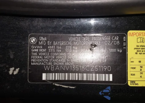 2008 BMW 528Xi from USA, damaged, VIN WBANV13518CZ51190
